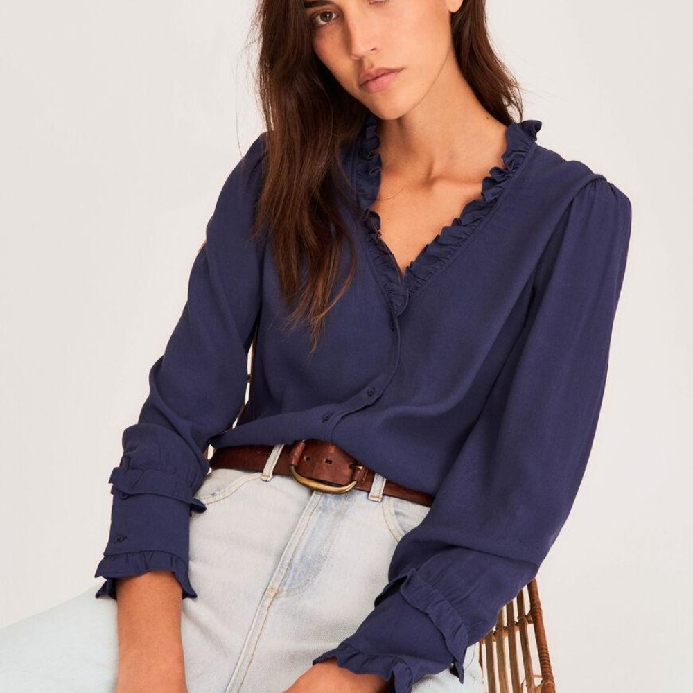 $320 BA&SH NAVY FRILL COLLAR UNITY TOP SZ 1 SMALL